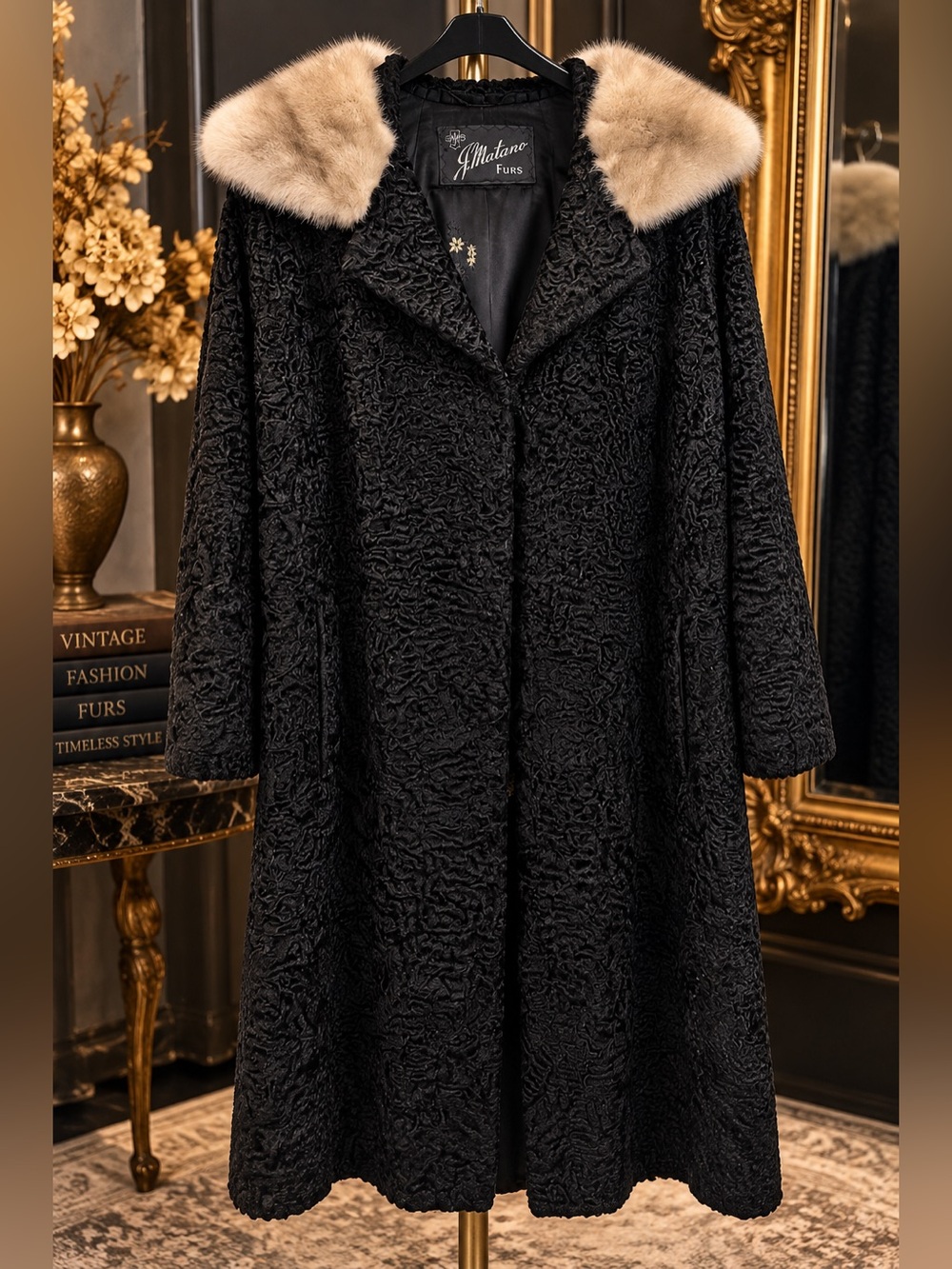 Vintage J Matano Persian Lamb Fur Coat Mink Collar M/L